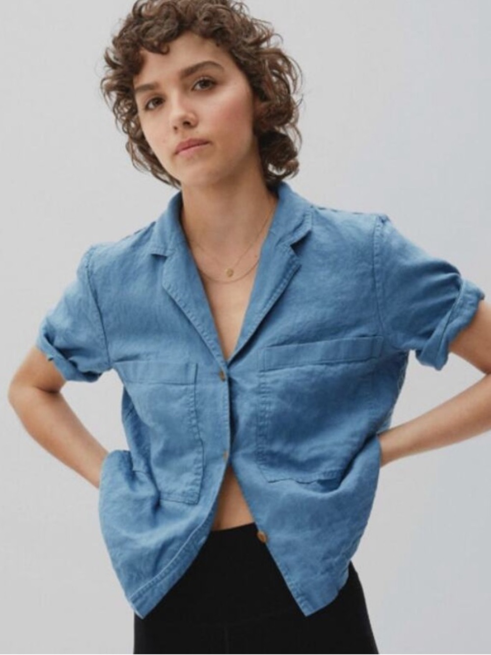 Everlane The Linen Workwear Shirt in Deep Blue Boxy Oversized Short Sleeve